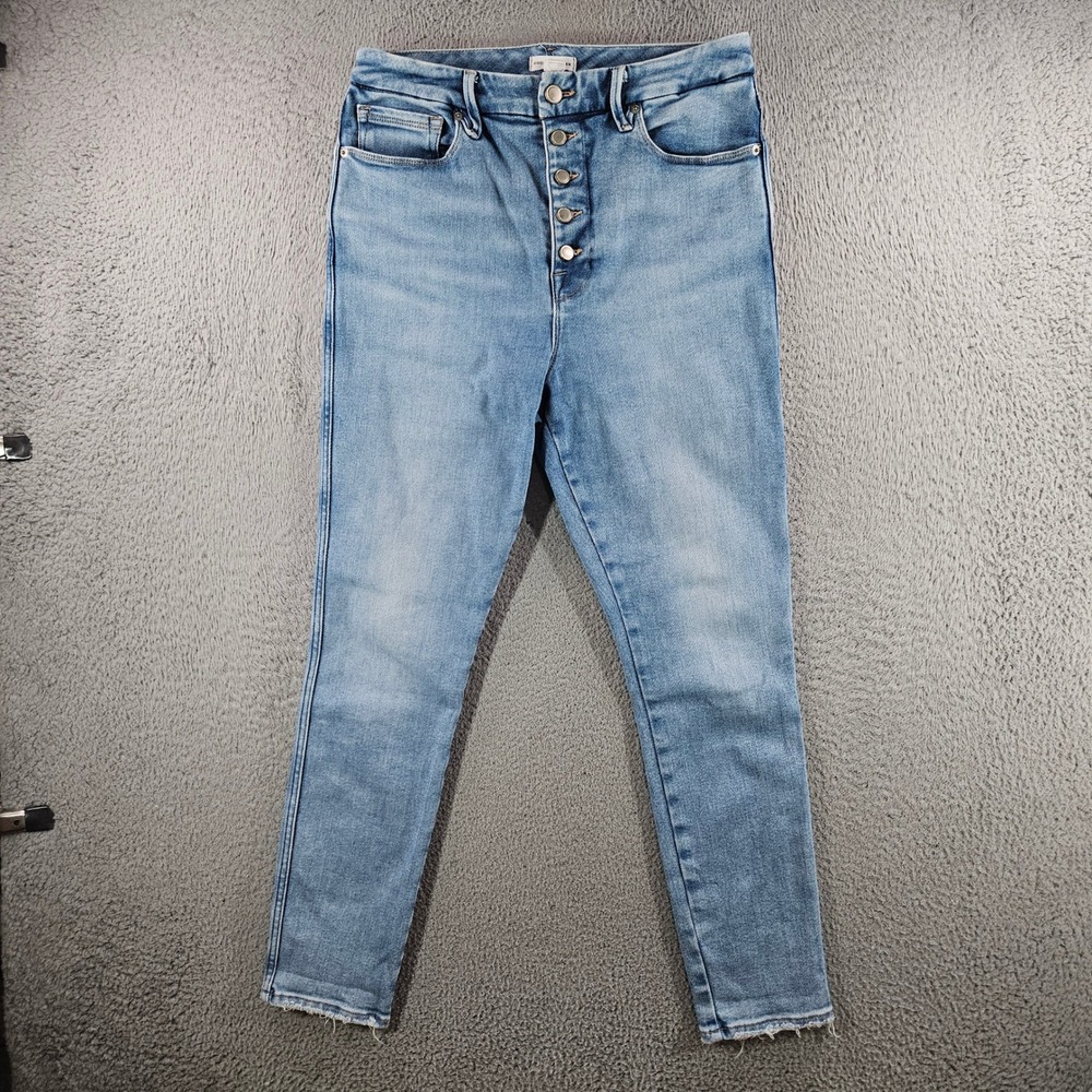 Good American High Rise Skinny Jeans Light Wash Button Fly Raw Hem 12/31 Blue